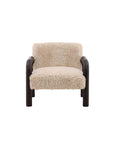 Beige fur armchair with wooden frame on a white background