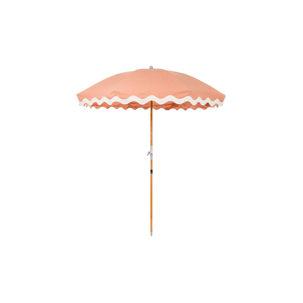 coral patio umbrella Blush and Cream Scalloped Beach Umbrella | Outdoor Umbrella Rentals for  Weddings and Events