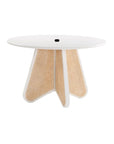 White and Woven Dining Table with hole for umbrella