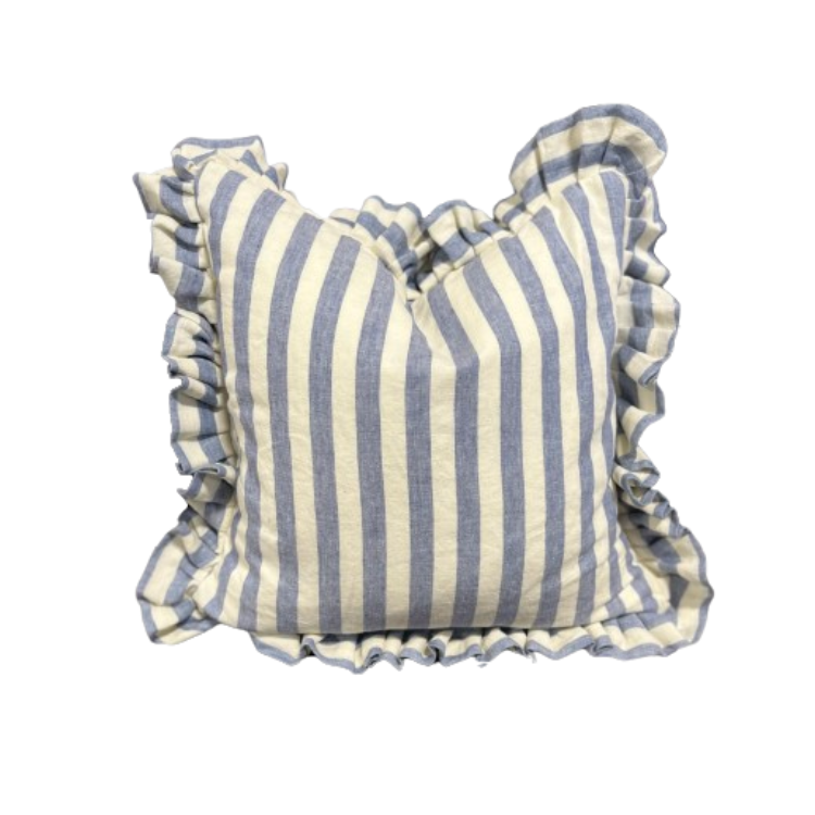 Blue Striped Ruffle Pillow