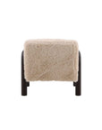 Beige fur accent chair with dark wood frame on white background