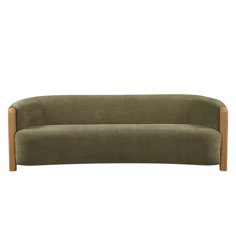 A modern curved three-seater sofa upholstered in textured olive green fabric with light natural wood arms and legs, shown against a plain white background.