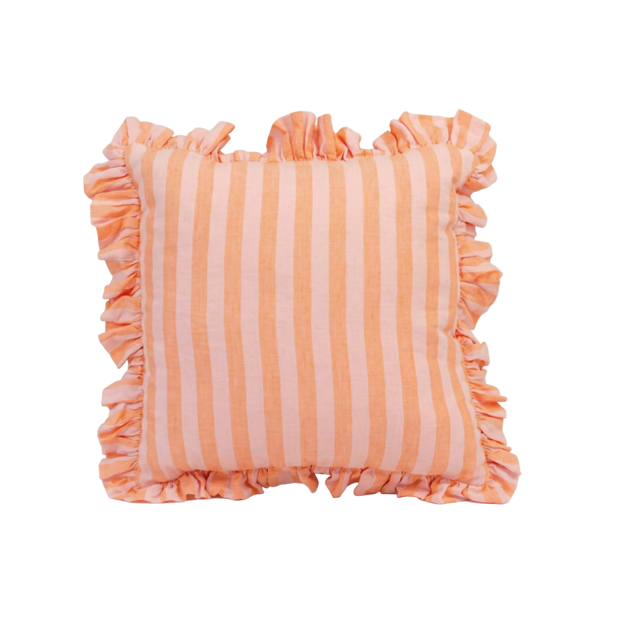 Striped pillow with ruffled edges on a white background